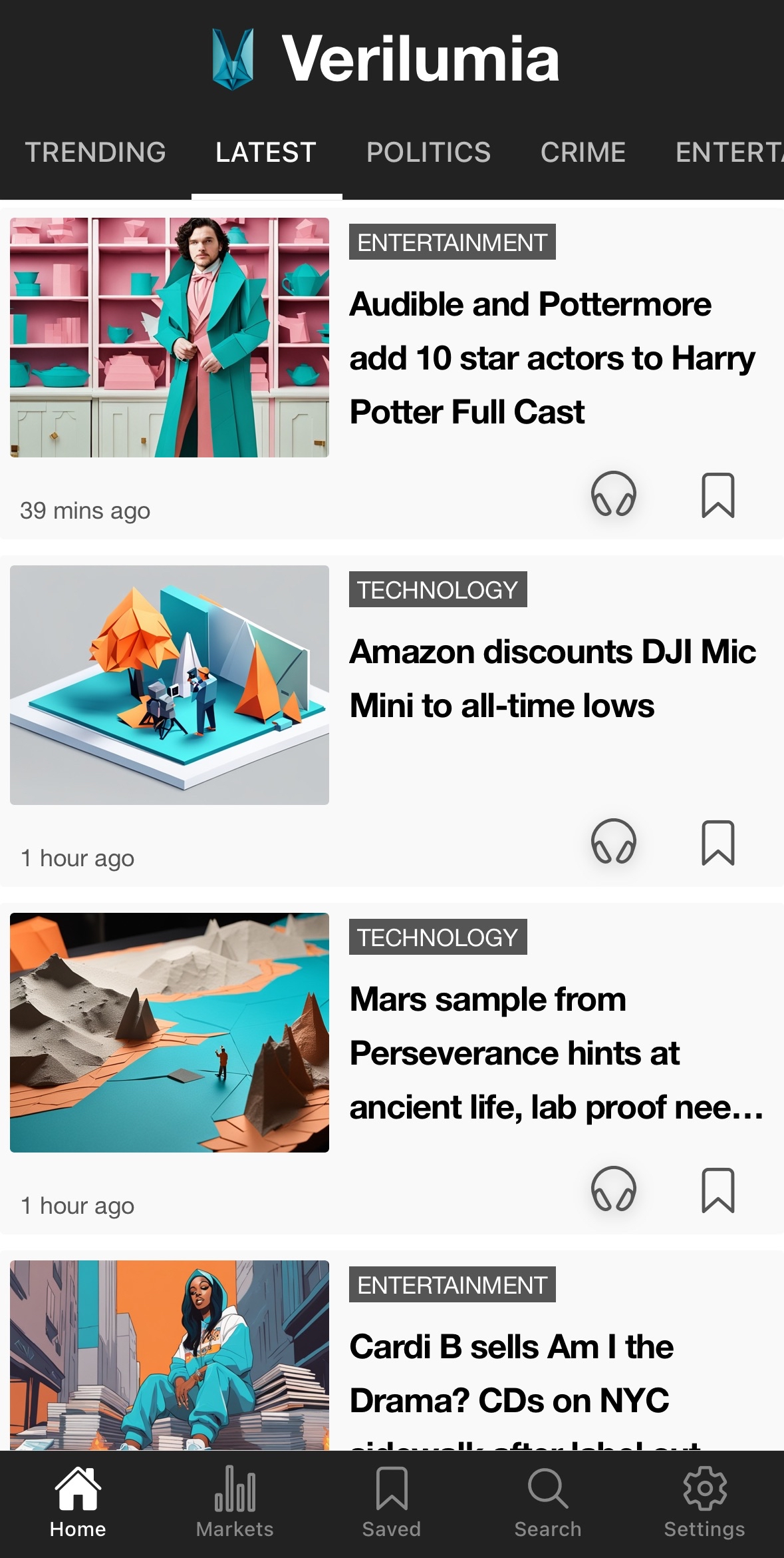 Verilumia app interface showing verified news stories